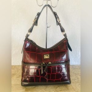 Dooney & Bourke red-Black Leather Crocodile Embossed Hobo Shoulder Bag Purse